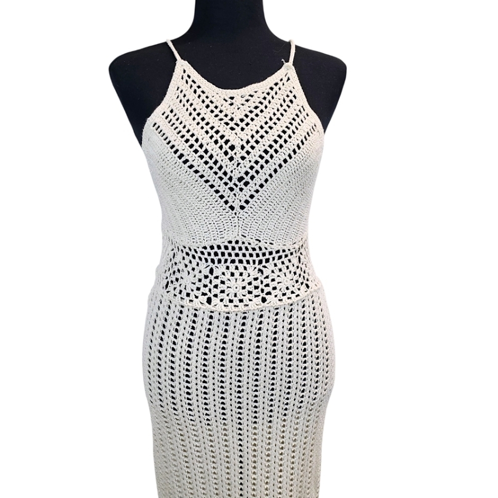Forever 21 Ivory Crochet Knit Midi Dress Small Boho Chic Resort Beach Cover Up - Picture 5 of 12